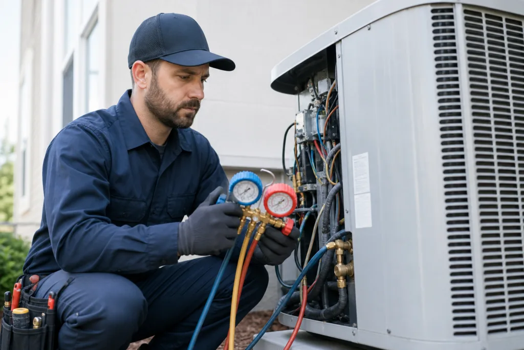 HVAC technician inspecting Complete HVAC System equipment