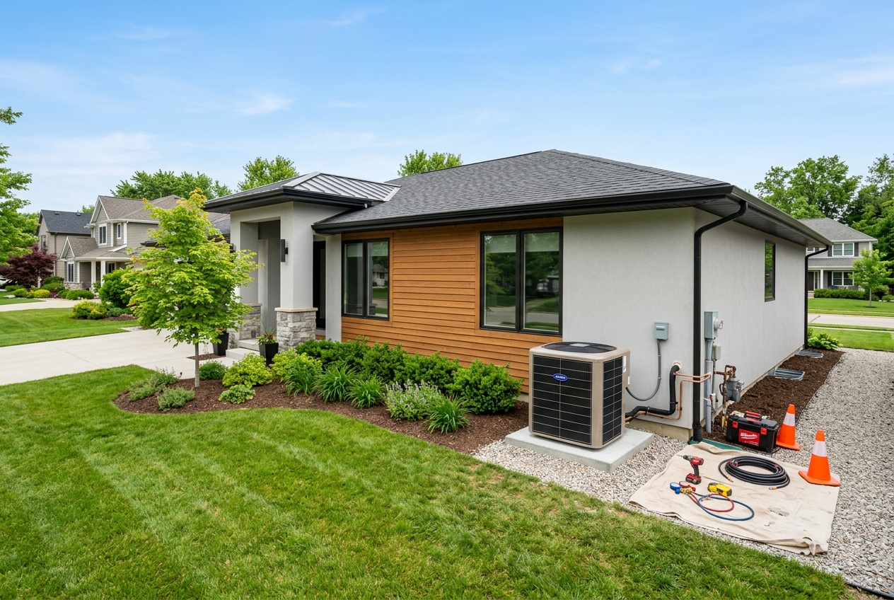 Modern home with HVAC equipment for size calculator tool