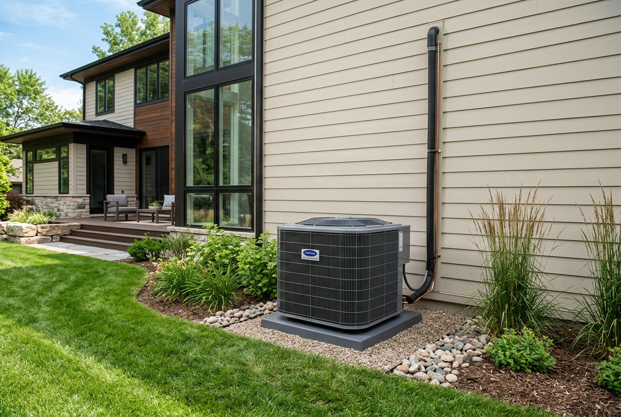 High-efficiency outdoor AC condenser unit beside residential home