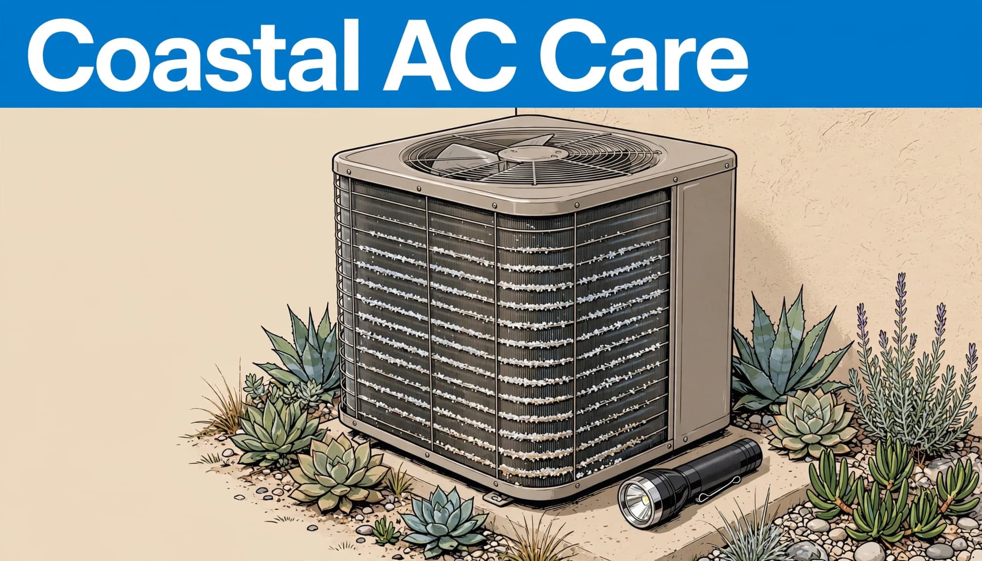 A heat pump condenser with salt residue and an inspection light beside a stucco home.