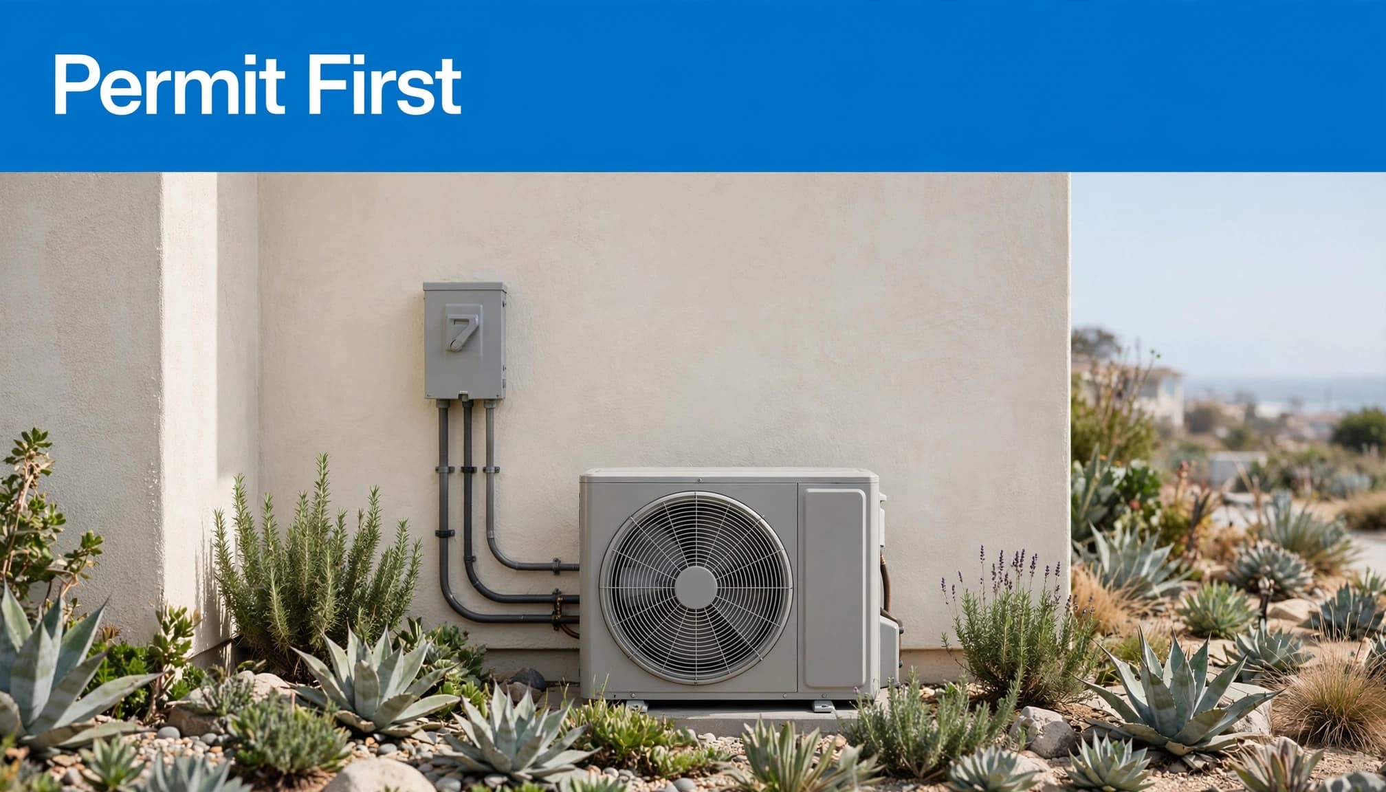 A heat-pump condenser sits beside a stucco home near a wall disconnect and low-water plants.
