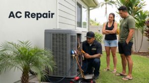 A technician inspects an open outdoor AC unit while a couple watches nearby.