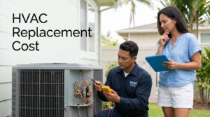 A homeowner and technician discuss an HVAC replacement beside an outdoor condenser.