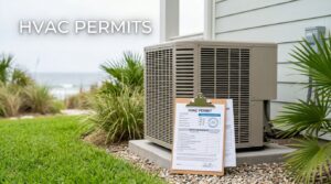 An HVAC condenser beside a home, with a permit clipboard and checklist in front.
