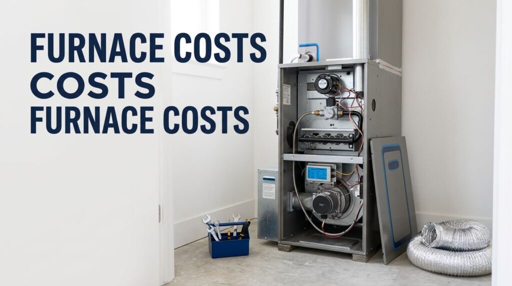 An open gas furnace with tools and a coiled duct in a utility closet.