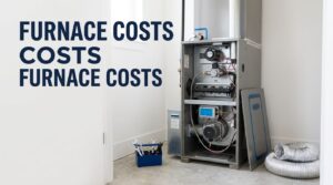 An open gas furnace with tools and a coiled duct in a utility closet.