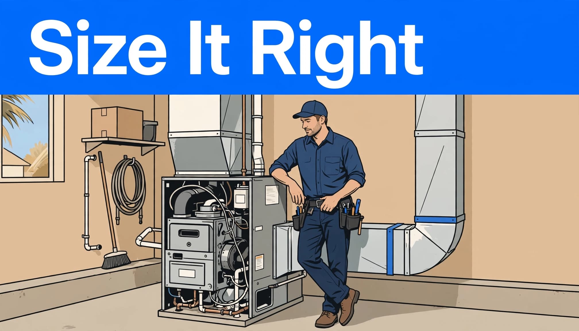 A technician stands beside an exposed furnace and ductwork under a blue headline band.