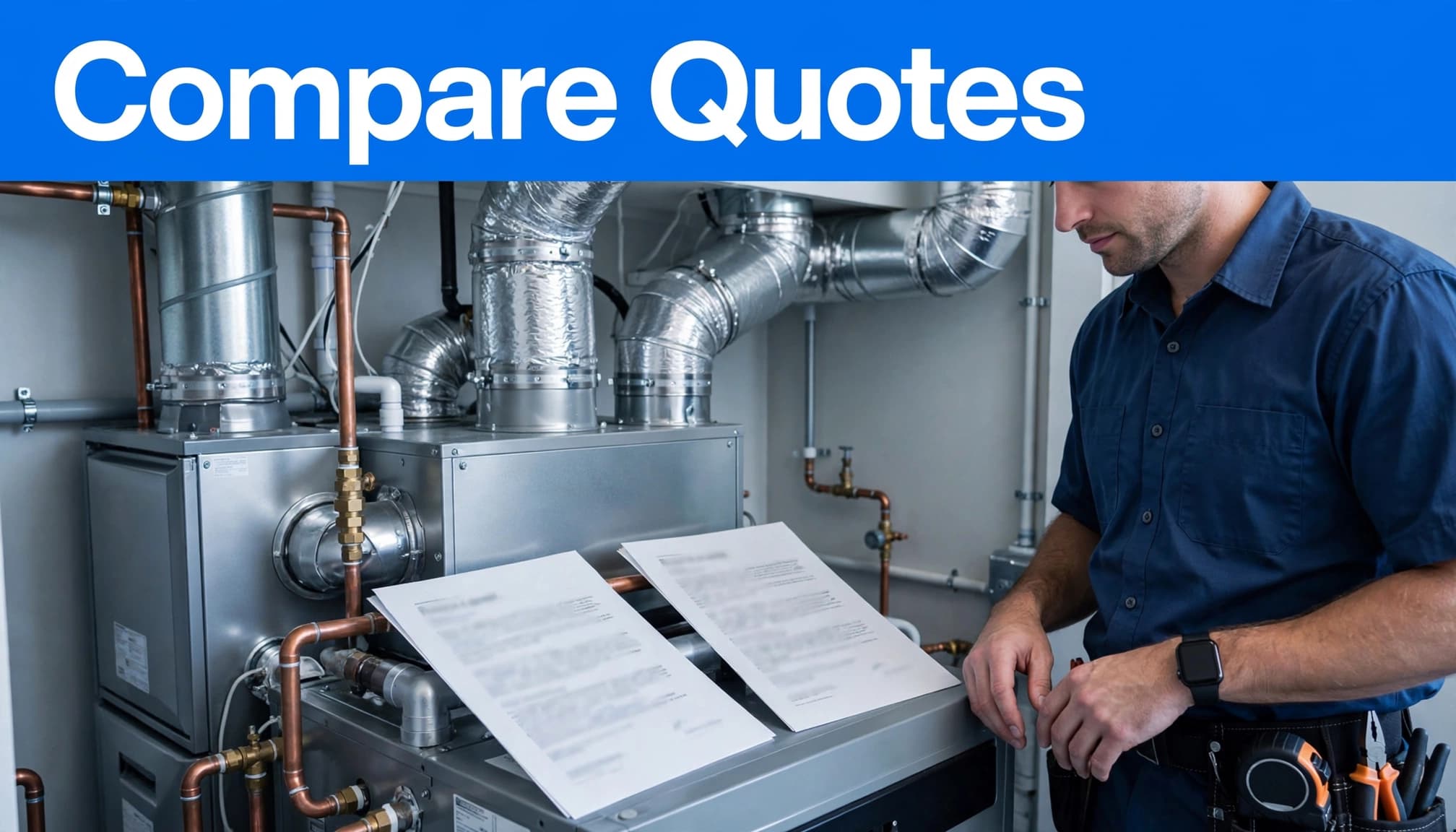 Contractor comparing quote sheets beside a furnace and air handler.