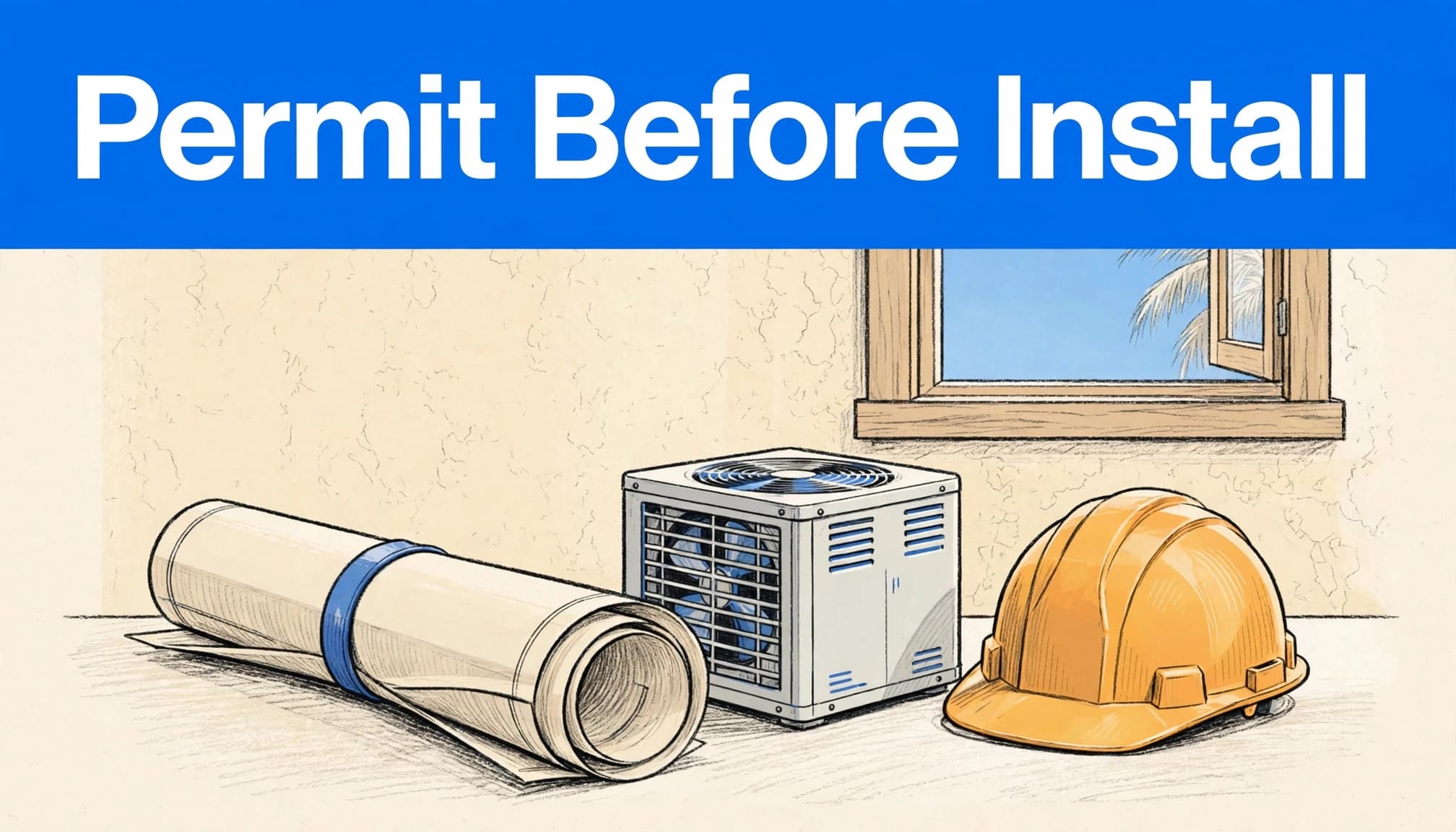 A building plan, air-conditioning condenser, and hard hat sit beneath a blue headline band.