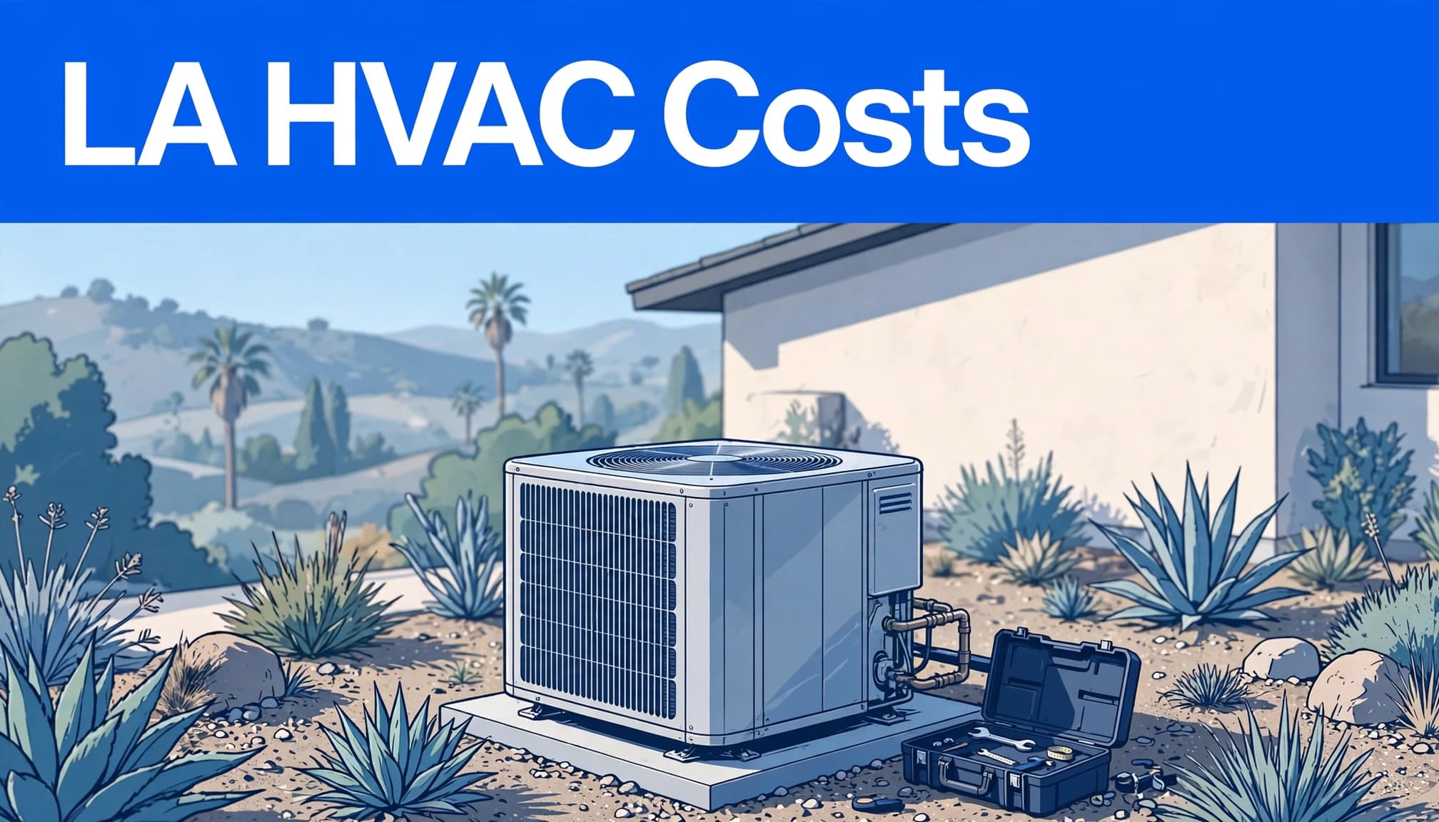 Blue heat pump beside a stucco home with a nearby tool case and palm trees.