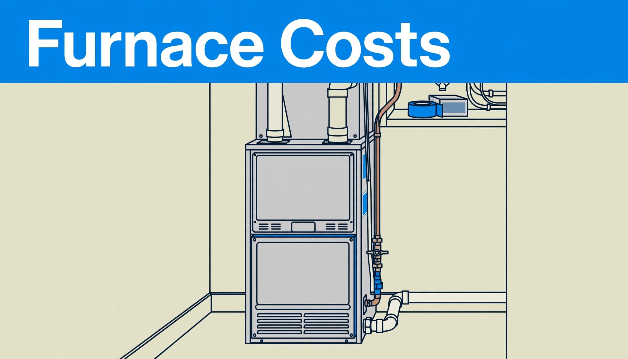 A gas furnace cabinet centered in a tidy utility closet beneath a blue headline band.