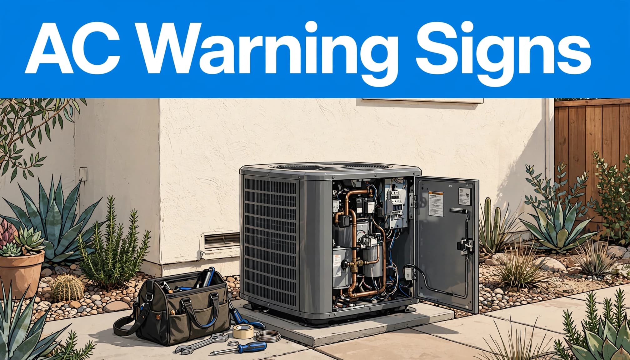An outdoor AC unit and tool bag sit beside a stucco home beneath a blue headline.
