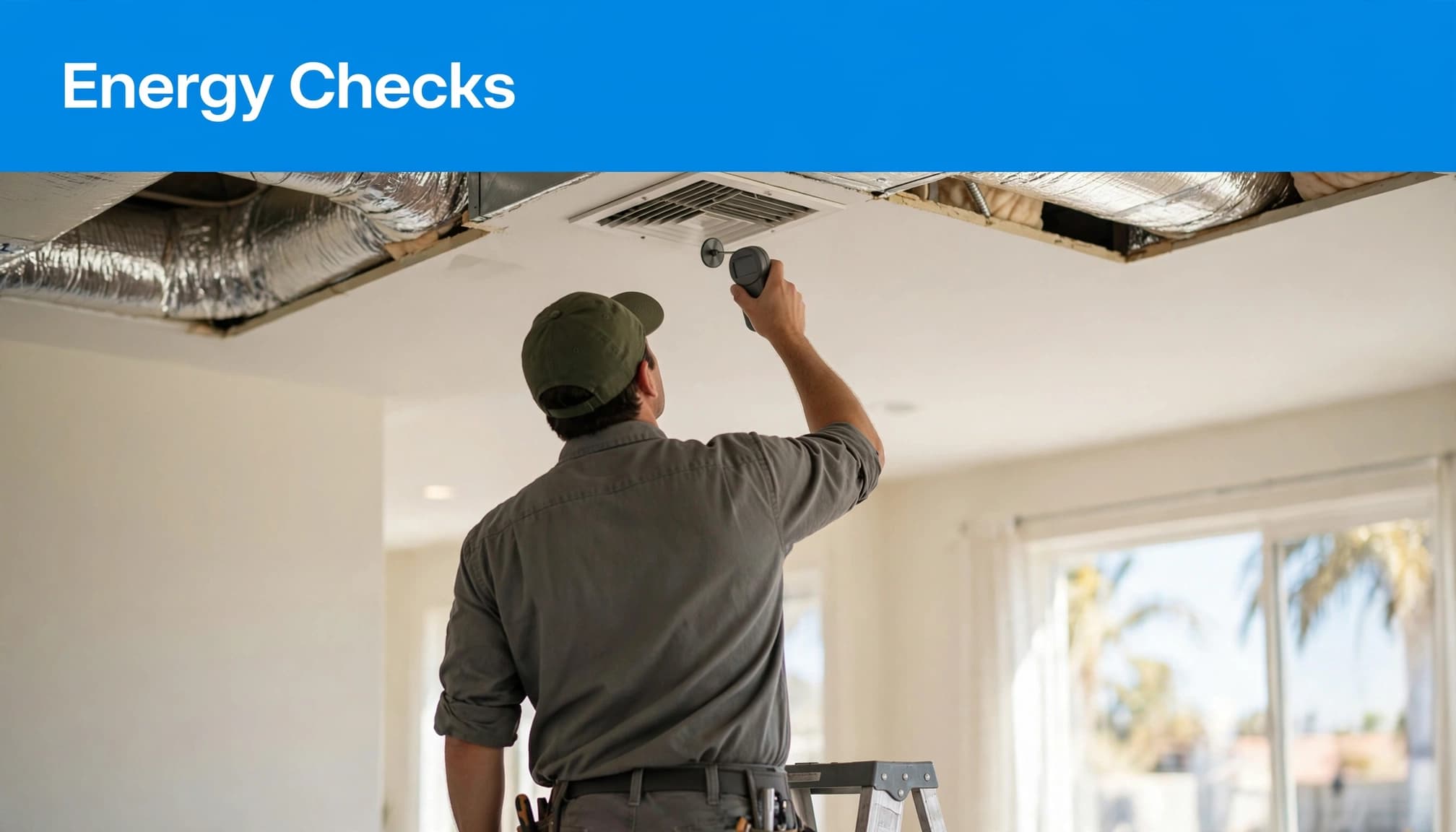A technician measures airflow at a ceiling vent in a bright home.