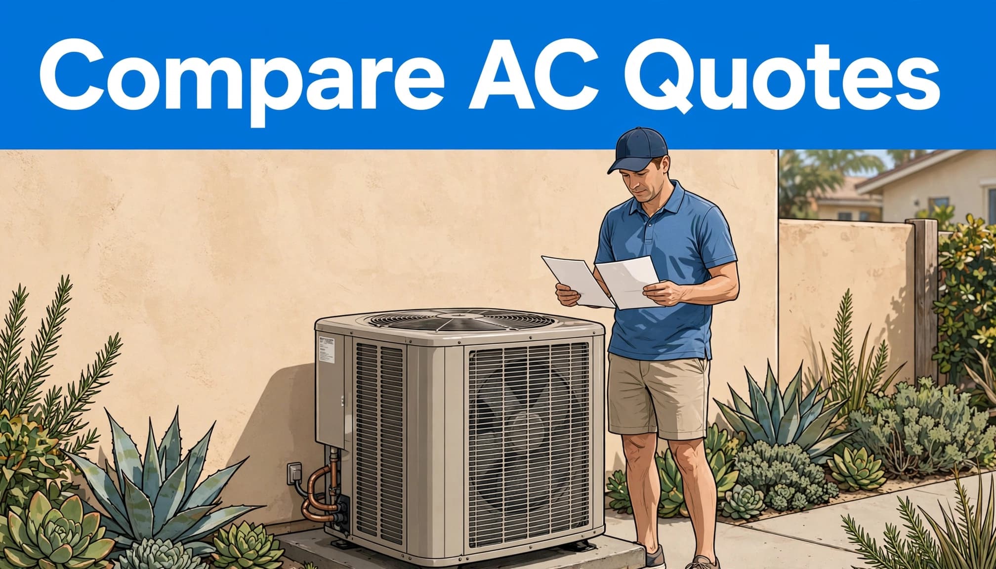 A homeowner holds two estimate sheets beside an outdoor air conditioner.