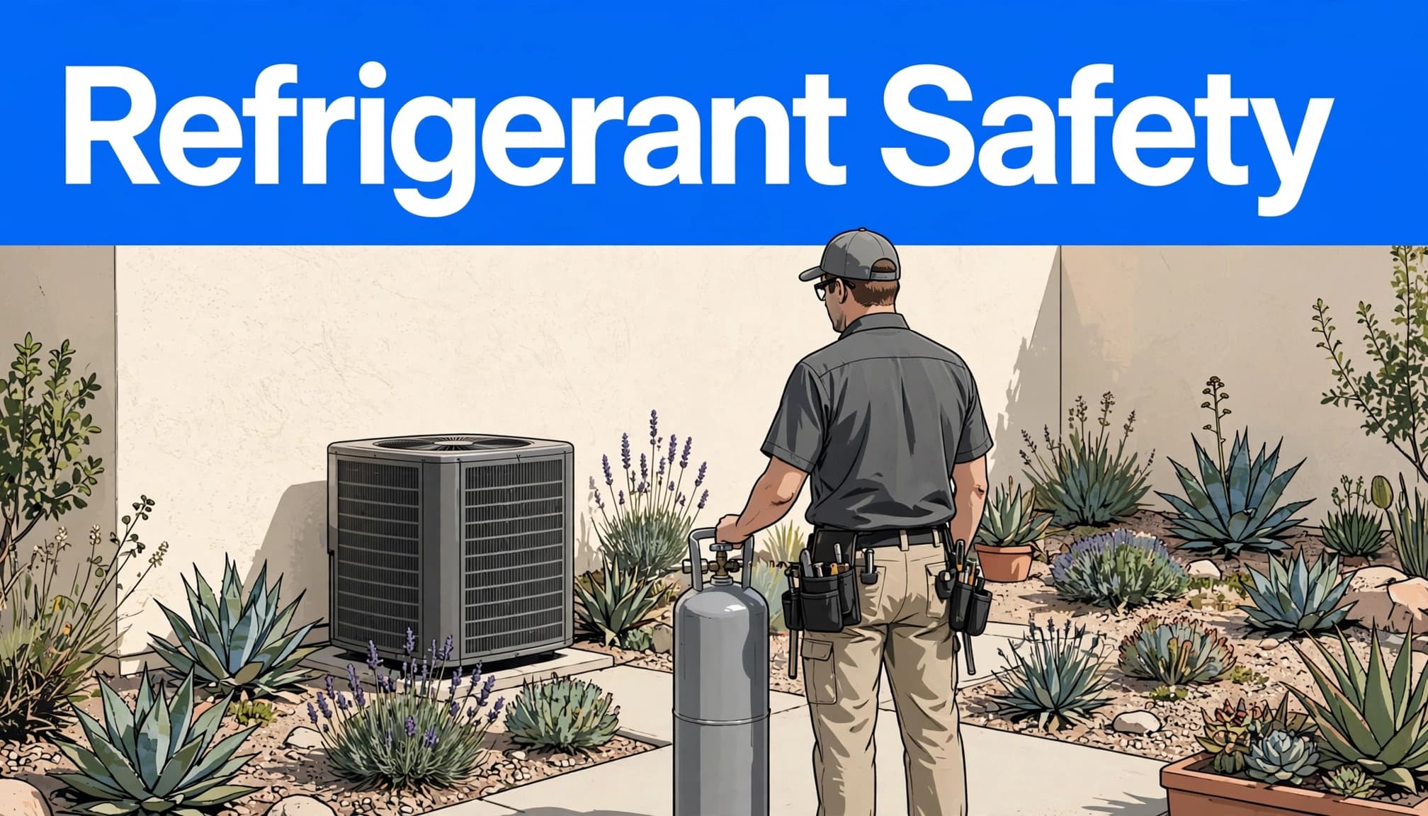A technician services an outdoor condenser beside a refrigerant cylinder under a blue safety banner.