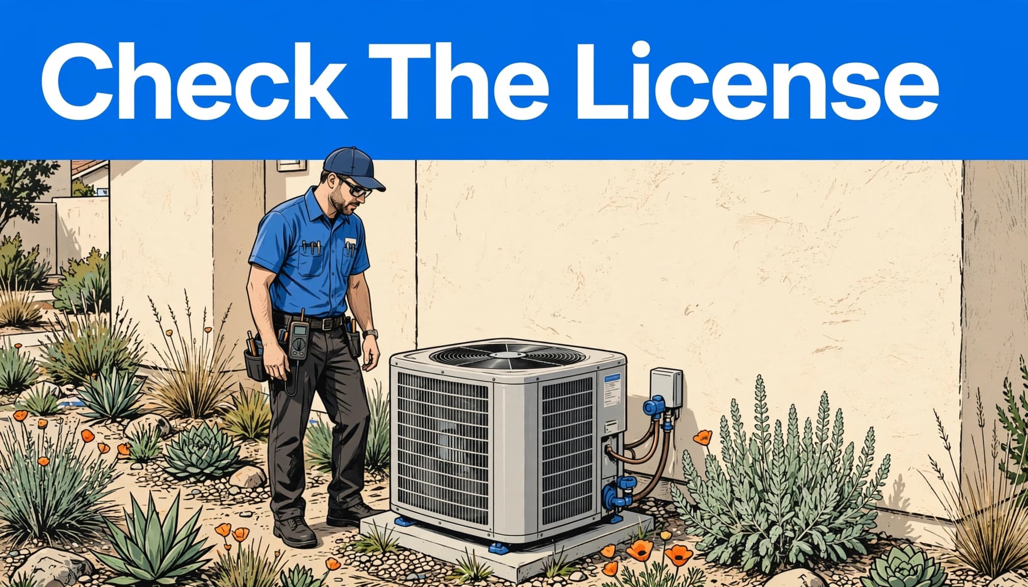 One technician inspects a heat-pump condenser beneath a blue 