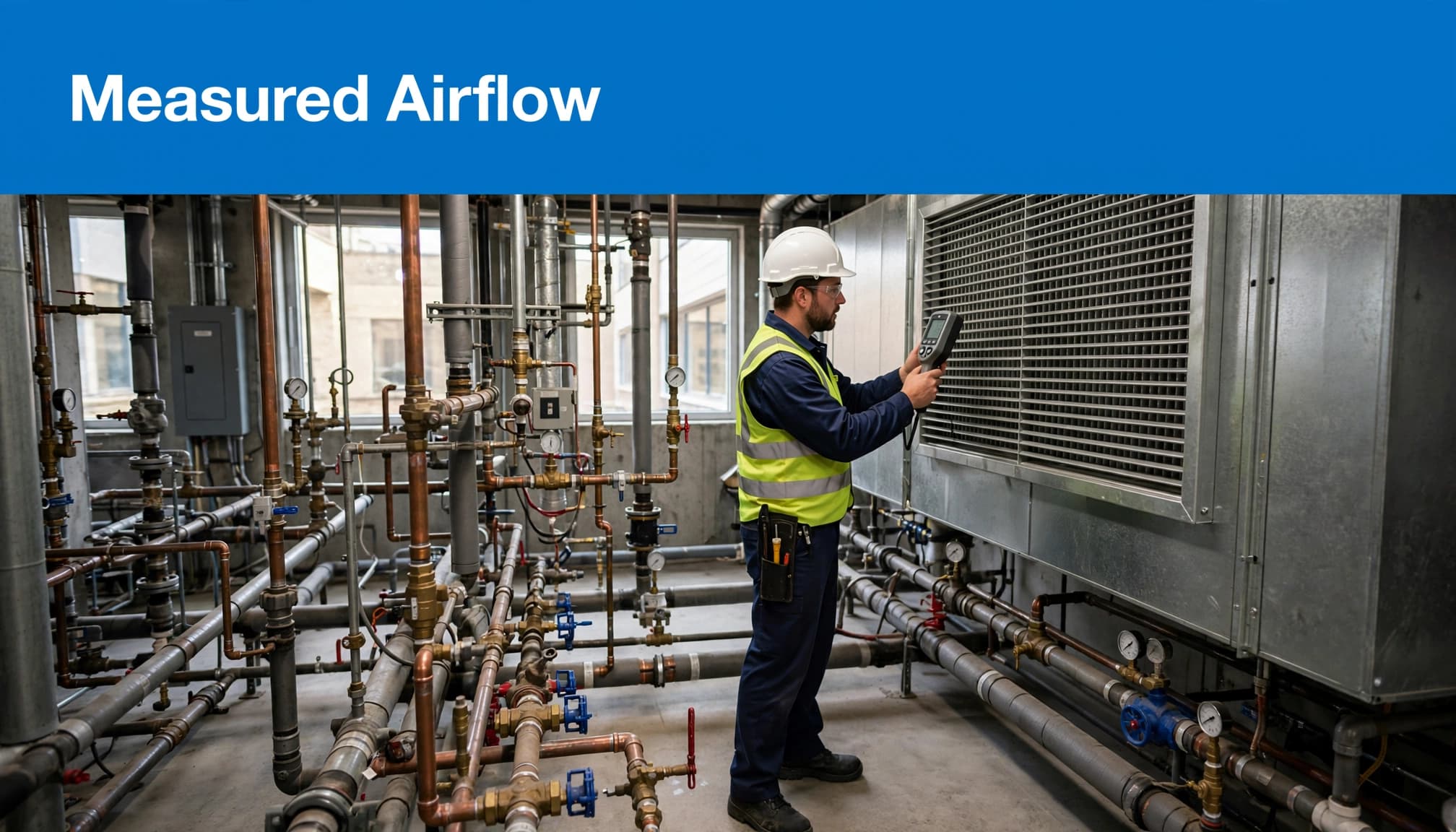 A technician holds an airflow meter to a duct grille in an HVAC mechanical room, with the headline 