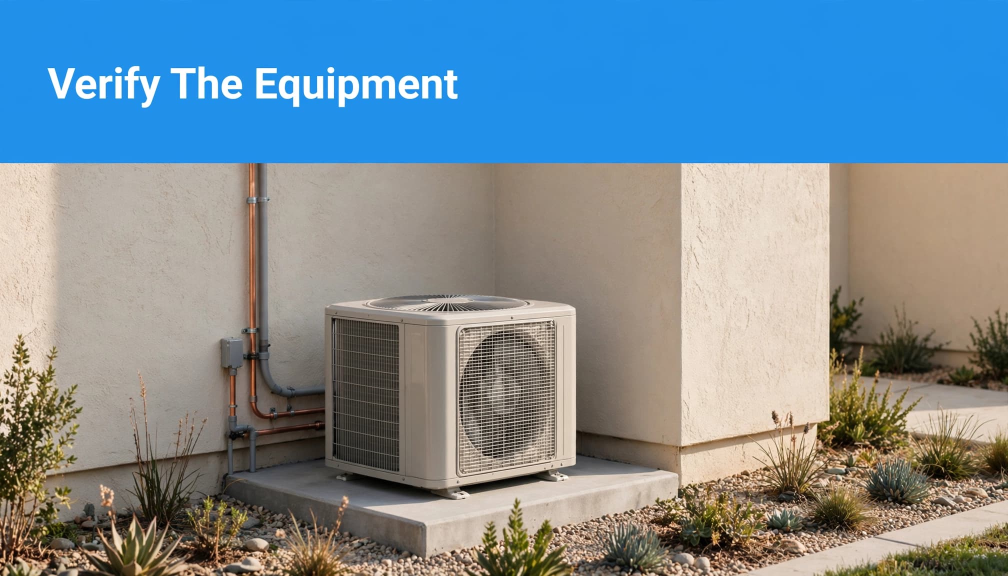 A heat pump condenser on a raised pad beside a stucco home, with a blue headline band above.