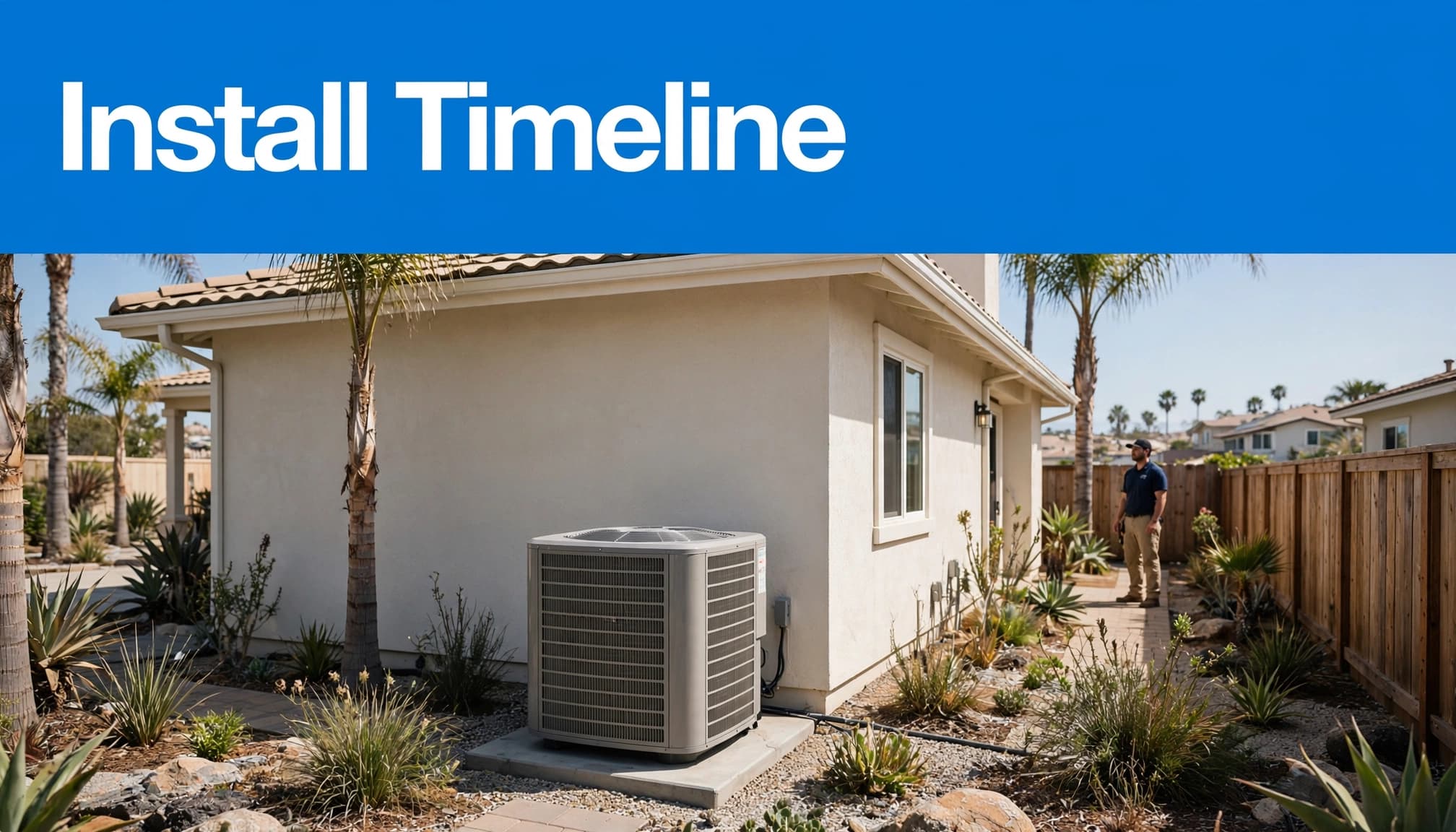 An outdoor AC unit beside a stucco home, with a technician in the yard.