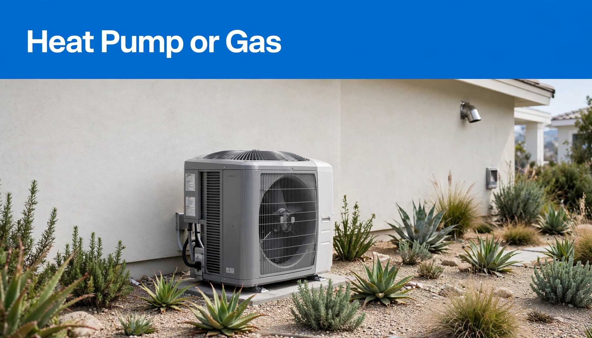 A heat pump condenser sits beside a coastal home with plants and a small furnace vent.
