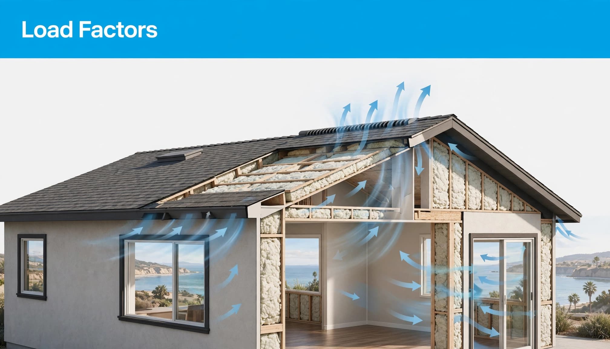 A coastal home cutaway shows insulated walls, windows, and blue airflow paths.