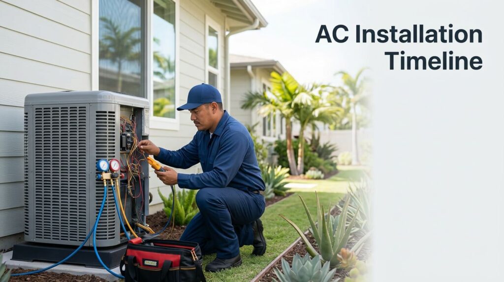 A technician checks an outdoor AC unit beside a home and garden.