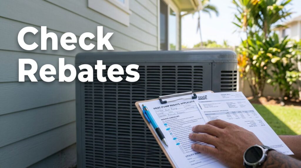 A heat pump beside a home, with a rebate form and utility bill on a clipboard.