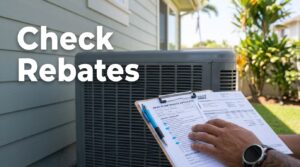A heat pump beside a home, with a rebate form and utility bill on a clipboard.