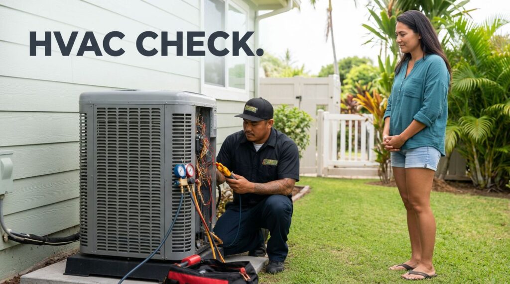 A technician checks a new outdoor condenser while a homeowner looks on.