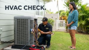 A technician checks a new outdoor condenser while a homeowner looks on.