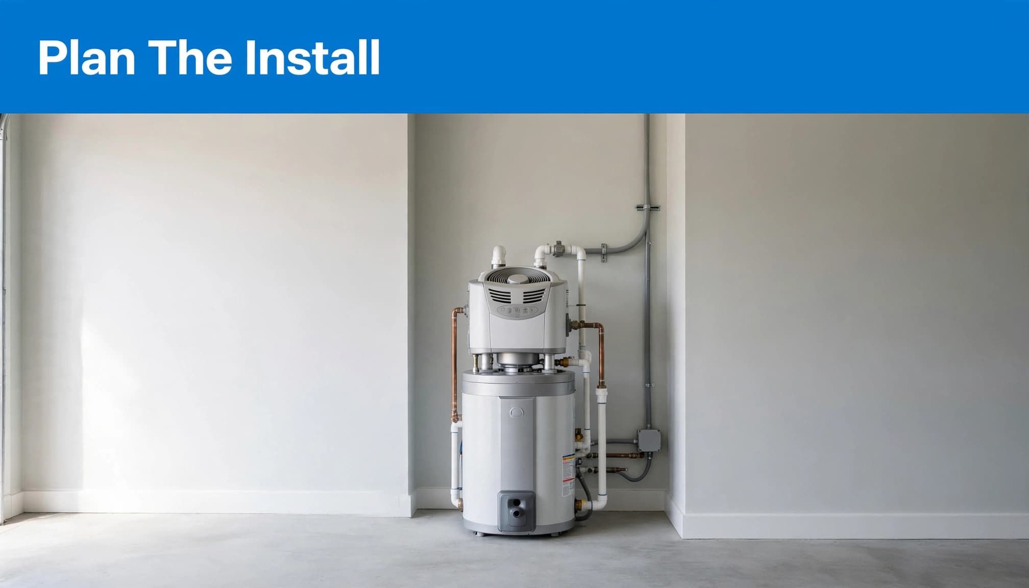 A heat pump water heater stands in a clear garage space beside visible electrical conduit.
