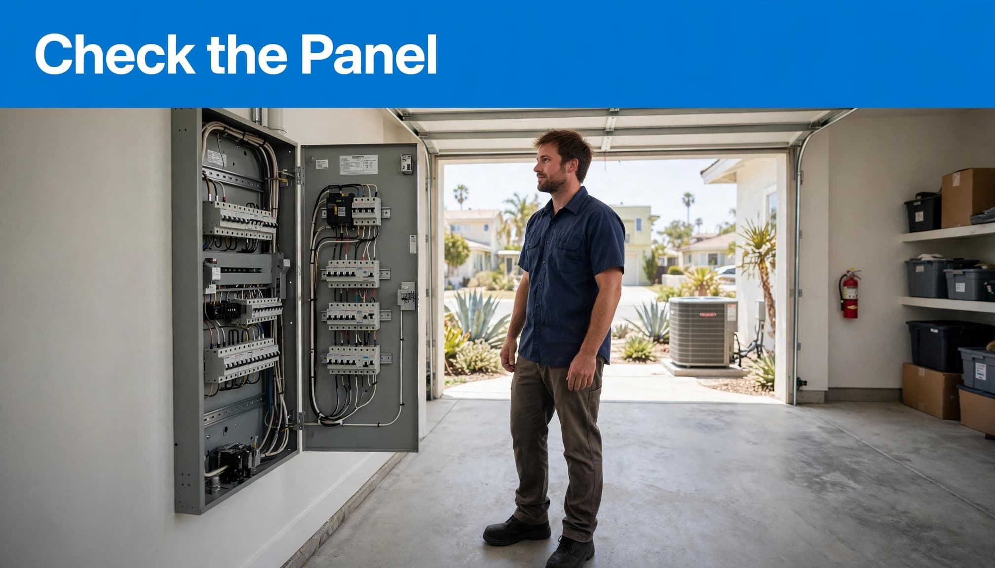 A technician stands by an open panel as a heat pump sits outside the garage.