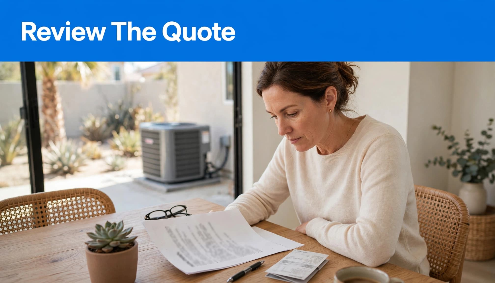 A homeowner reviews an HVAC estimate beside equipment specifications at a dining table.