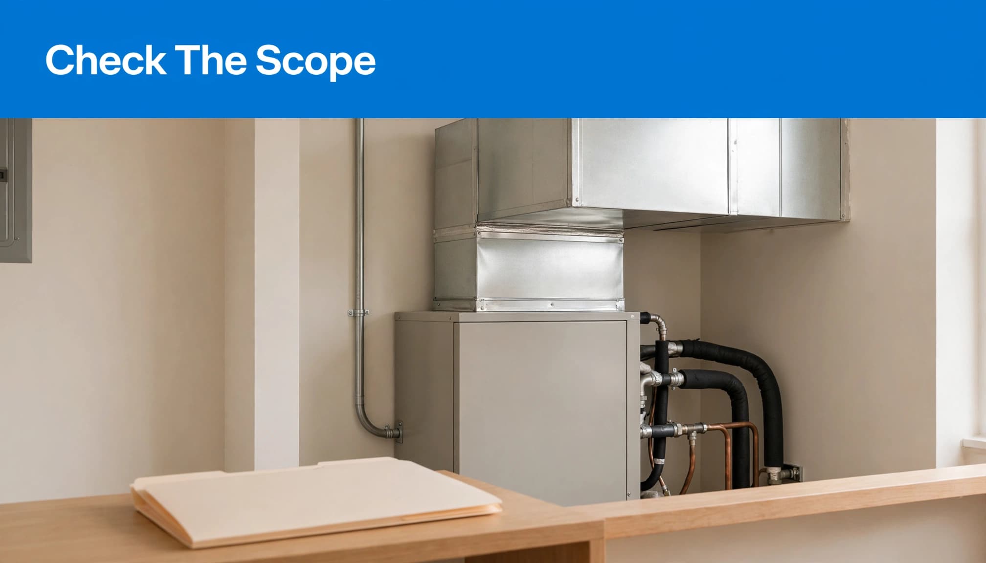 An HVAC unit and insulated lines stand above a closed folder on a shelf.