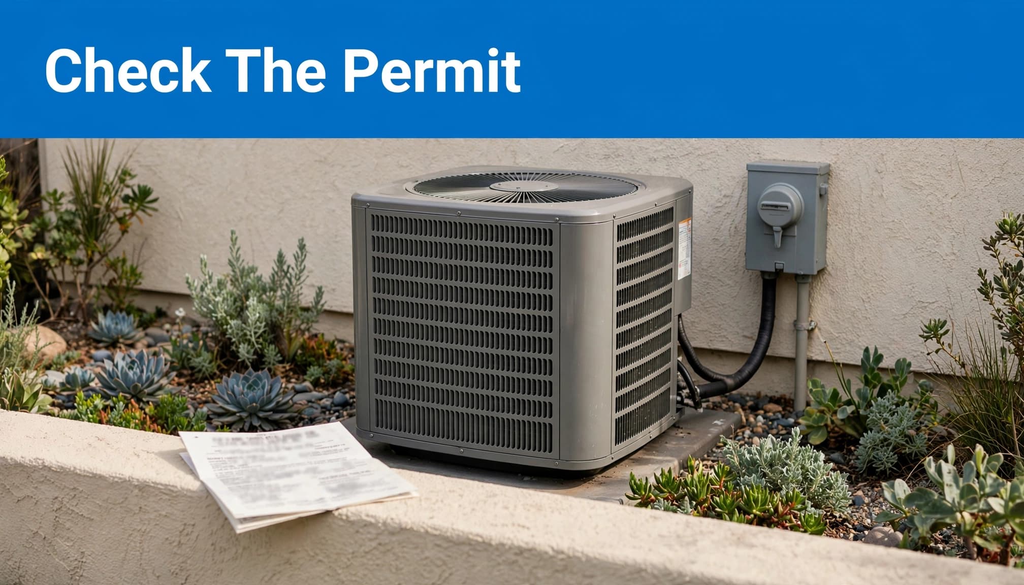 An outdoor AC condenser and closed electrical disconnect stand beside a permit on a ledge.