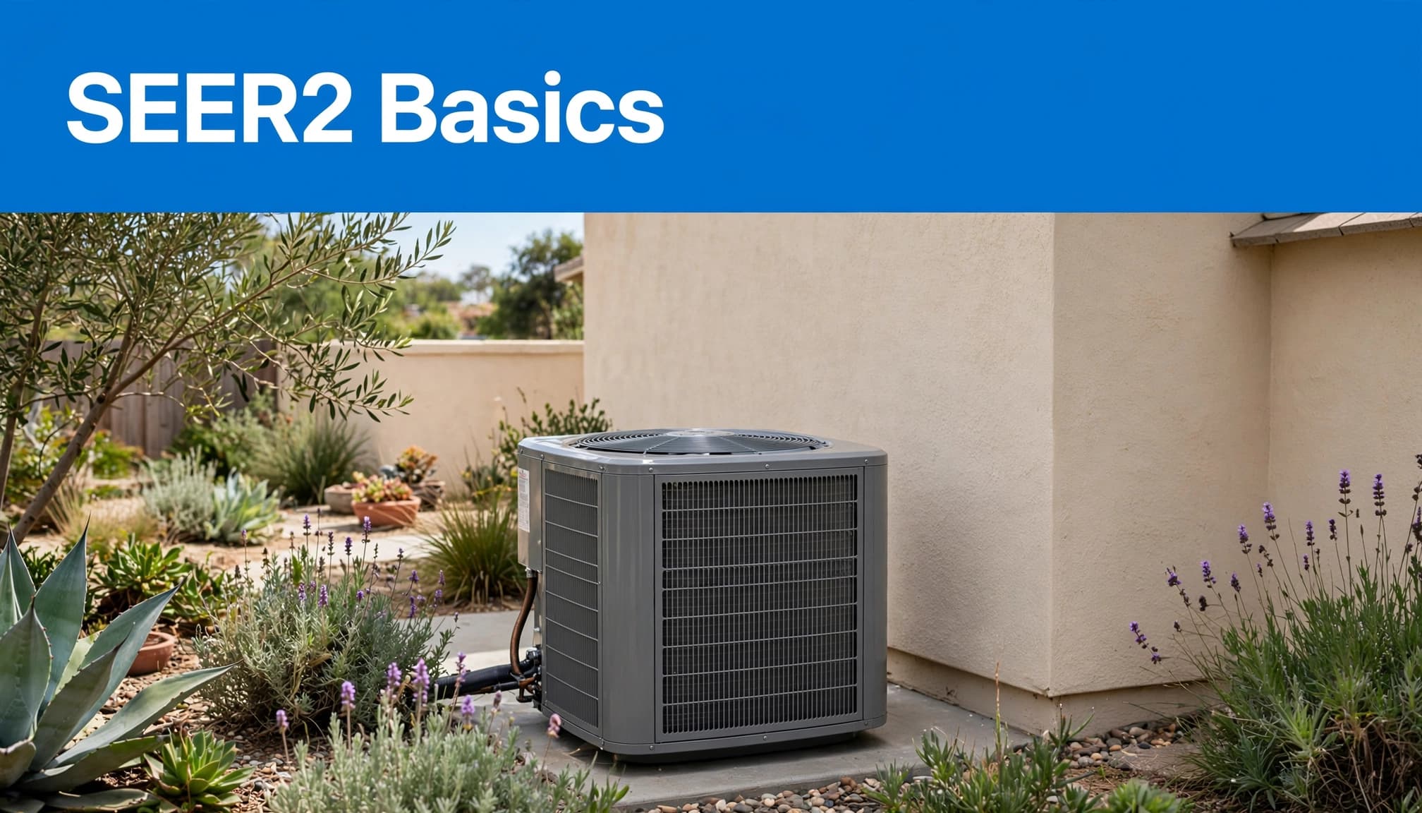 An outdoor AC condenser beside a stucco home, beneath a blue SEER2 Basics banner.