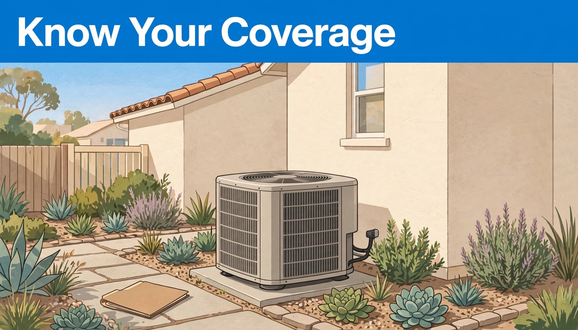 An illustration of an AC condenser in a yard with a blue top strip reading 