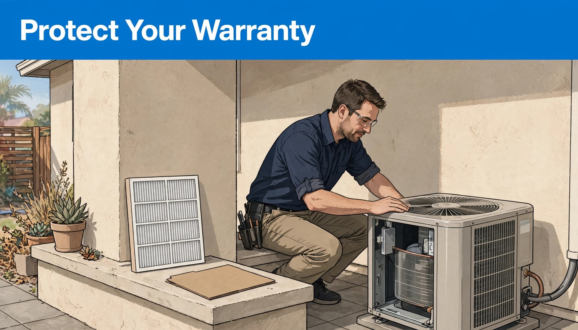 An HVAC technician inspecting an outdoor unit with a blue banner reading Protect Your Warranty.