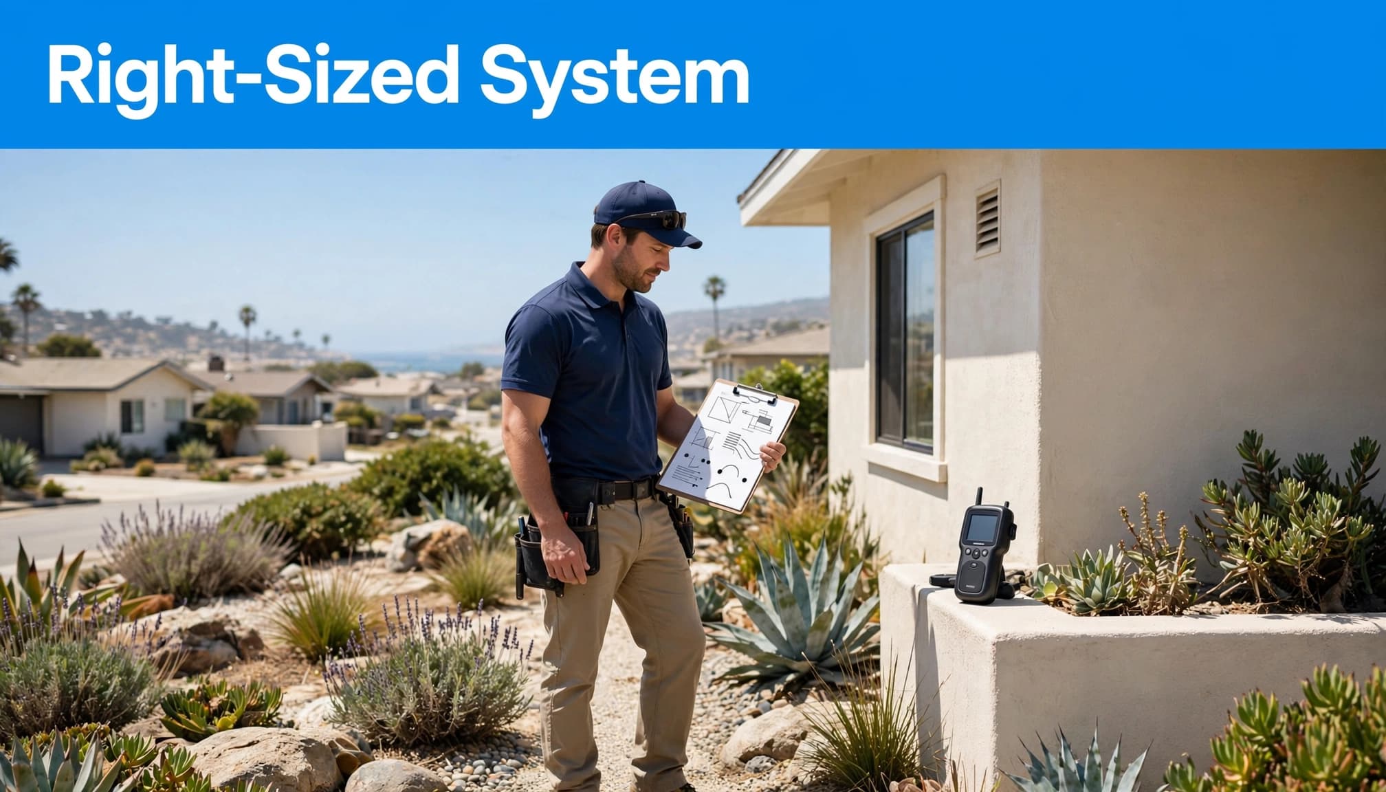 An HVAC technician reviews a clipboard beside a coastal stucco home.