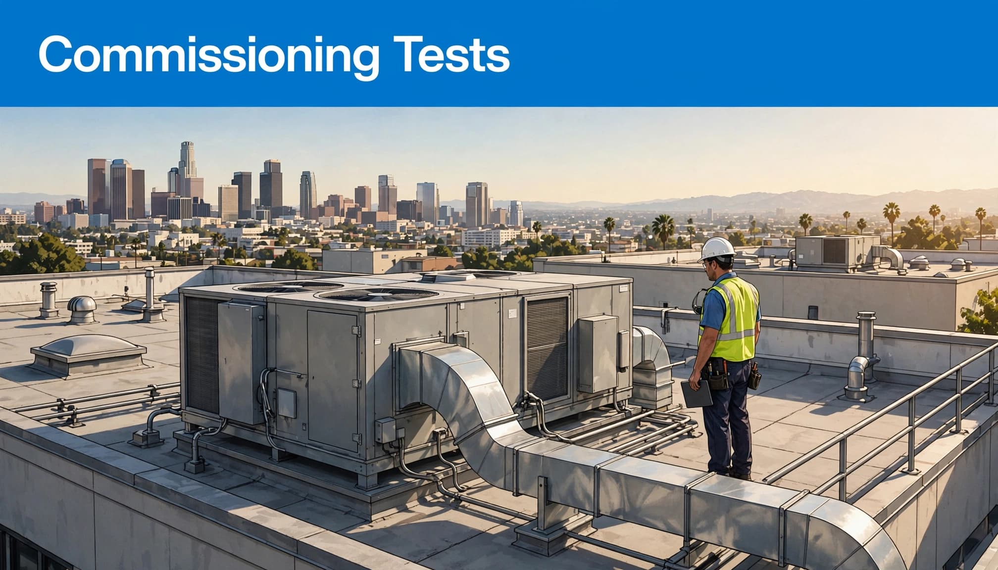 A technician on a rooftop next to an HVAC unit, with the headline 