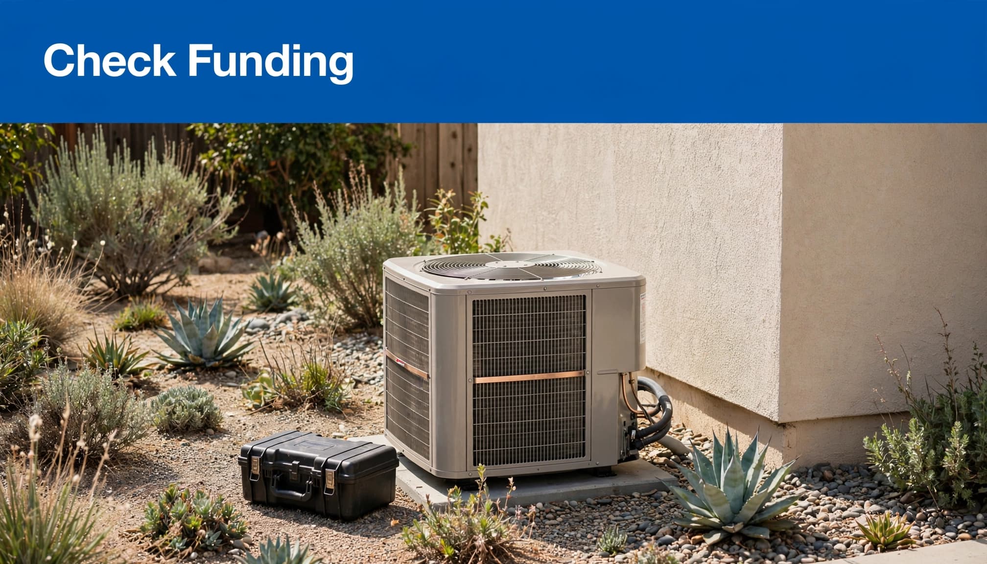 A heat pump condenser and tool case sit beside a stucco home.